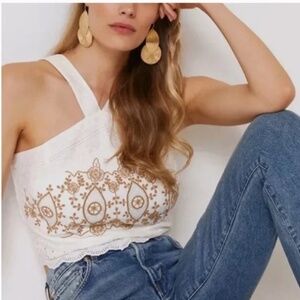 Embroidered Halter Floral Boho Peasant Hipster Hippie Art Deco Chic Farm Blouse